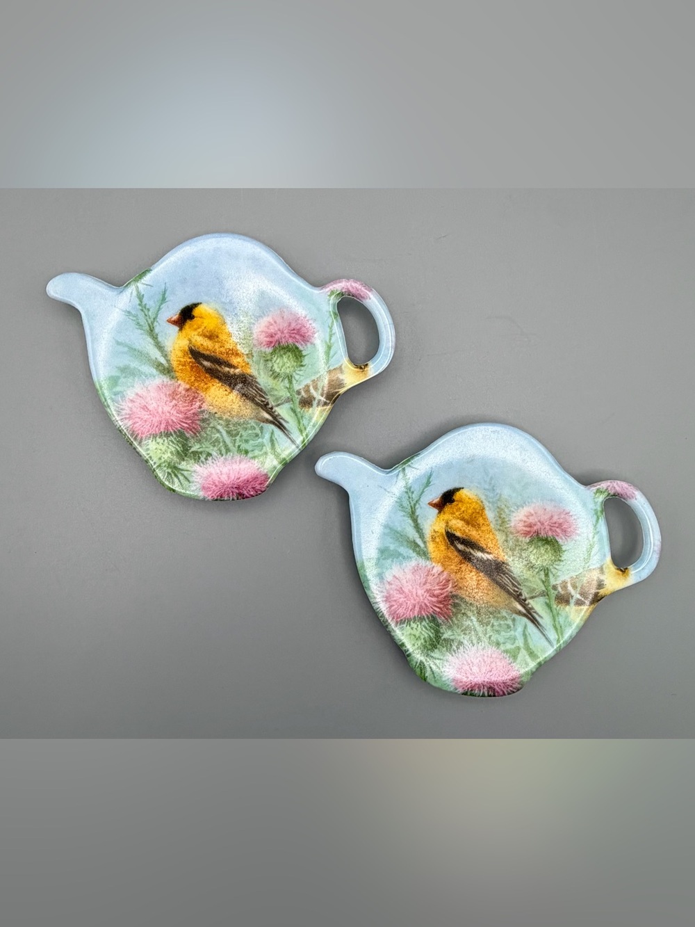 Set of 2 Vtg Melamine Gold Finch Bird Teabag Tidy Holder Made In Italy EUC